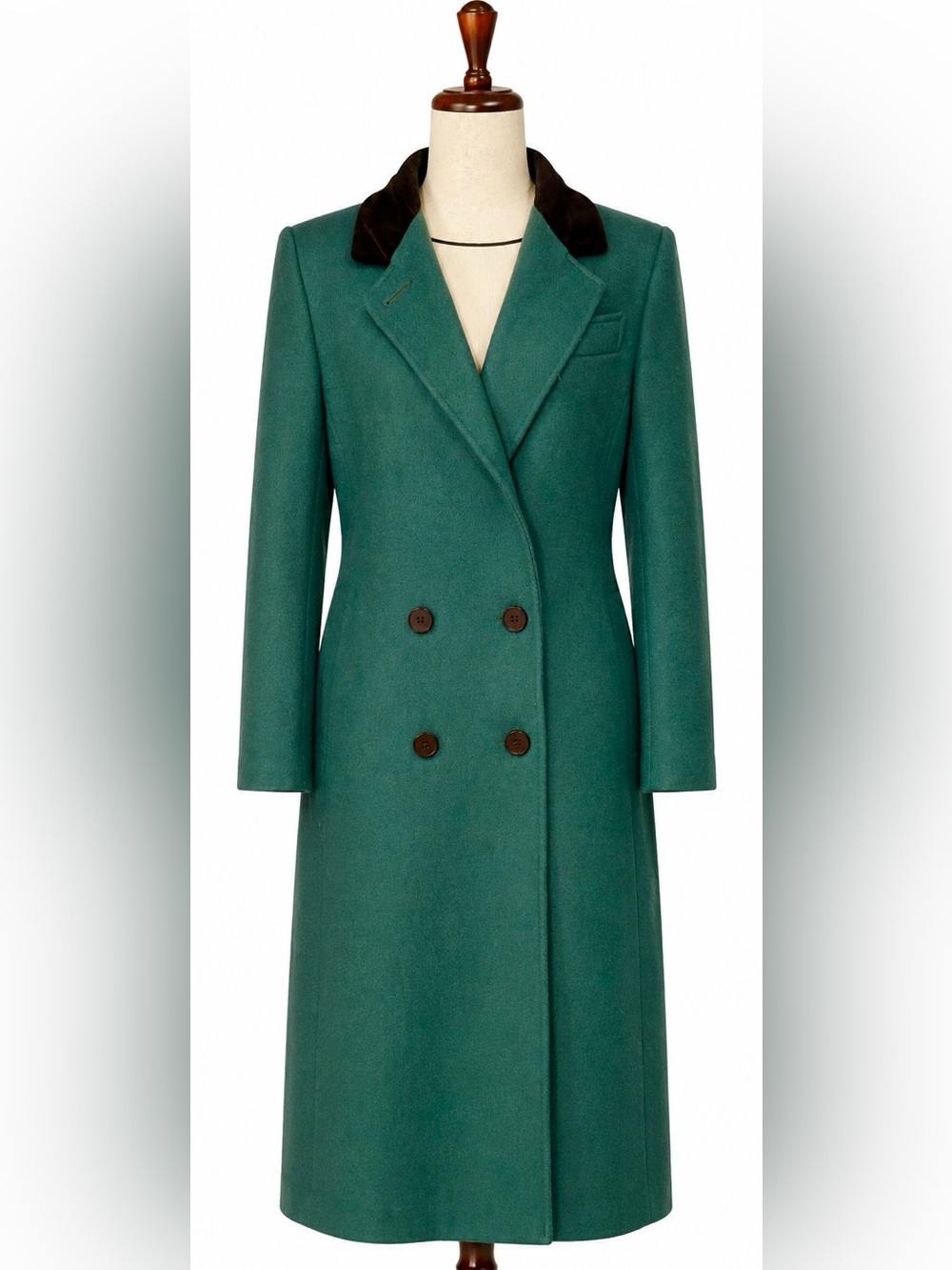Vintage Long wool & black velvet Double-Breasted Women's Coat in Forest Green. L